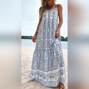 Camisa Blue and White Boho Summer Maxi Dress • XL • Adjustable straps
